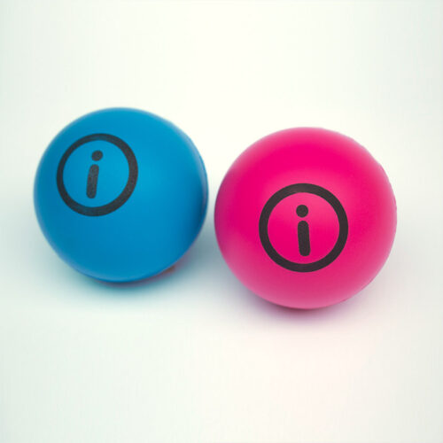 Pelota azul y pelota rosada anti stress con logotipo estampado en negro