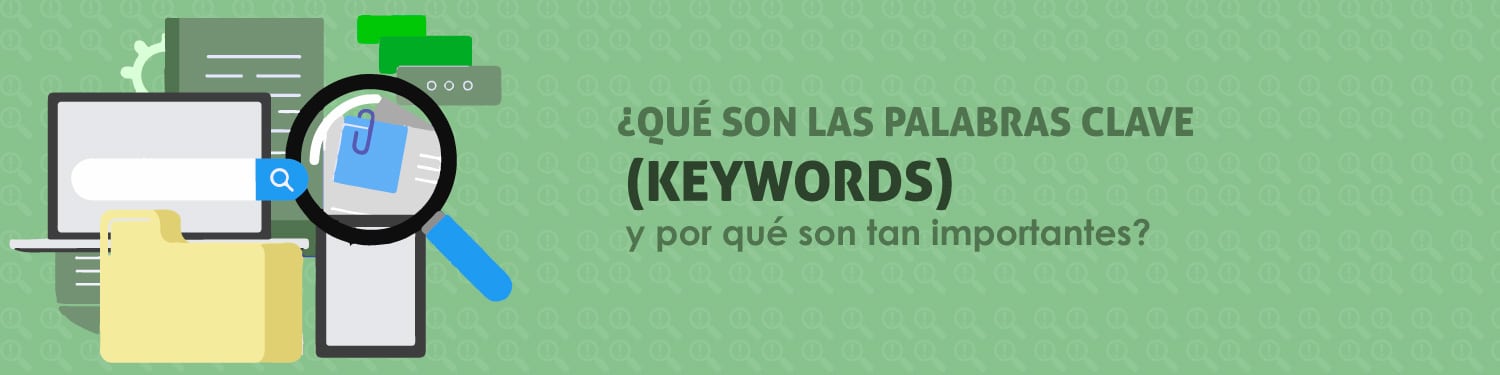 Banner verde con íconos de lupa para blog bullet relacionado con los keywords