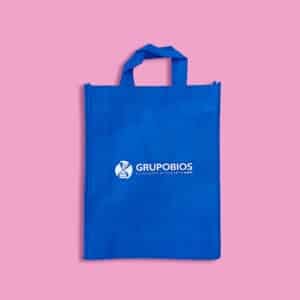 Bolsa TNT azul con logotipo impreso blanco de Grupobios