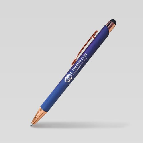 Bolígrafo metálico mate Azul, con aplicaciones bronce y logotipo Lineros grabado láser