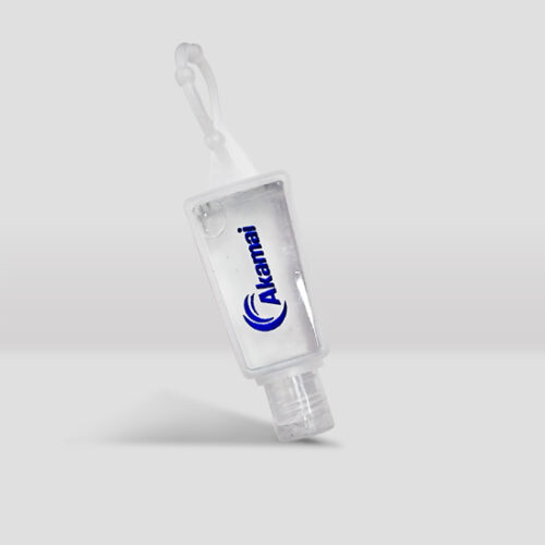 Botella de silicona con alcohol gel blanco y logo akamai