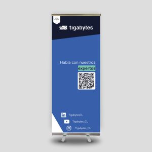 Pendón roller 200x80 cm con logotipo tigabytes - sección "habla con nuestros expertos"