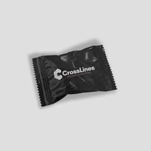 Caramelos corporativos negros, con logotipo crosslines
