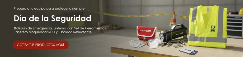 Banner Blog Día de la seguridad Botiquín de Emergencia, Linterna con Set de Herramientas, Tarjetero bloqueador RFID y Chaleco Reflectante.