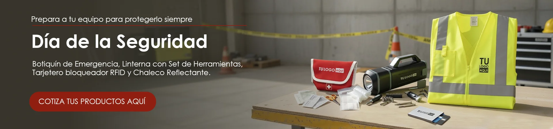 Banner Blog Día de la seguridad Botiquín de Emergencia, Linterna con Set de Herramientas, Tarjetero bloqueador RFID y Chaleco Reflectante.