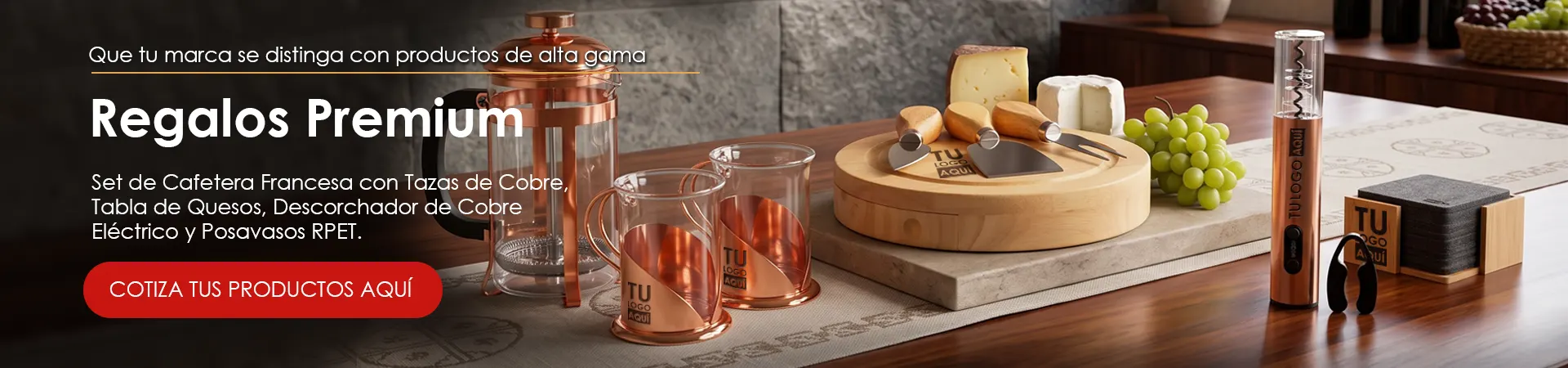 Banner blog regalos corporativos premium: cafetera, tazas y descorchador de cobre, taza de quesos y posavasos