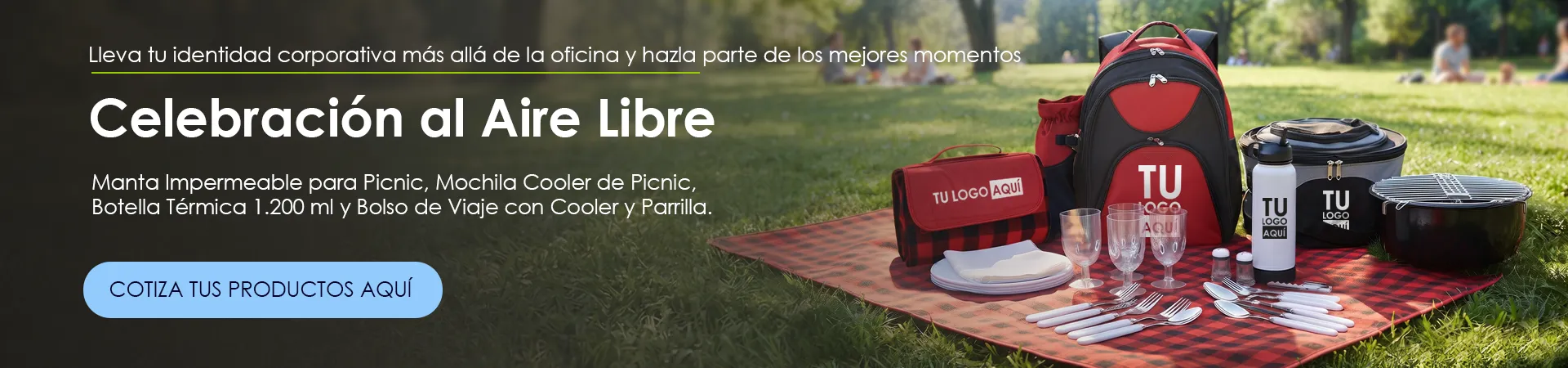 Banner Celebración al aire libre, Manta para picnic, mochila cooler con accesorios, botella termica y bolso con parrilla