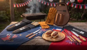 Banner especial parrillero, set de pinchos anticuchos, tabla de picar, guantes de cuero y set de utensilios de asado