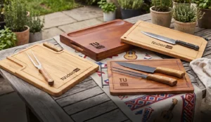 Banner Especial Parrillero Set parrillero con tabla de bambú, cuchillo y tenedor asador, Set de parrilla con tabla de acacia con cuchillo y tenedor asador, Tabla de picar multipropósito y Set parrillero con tabla de bambú, afilador incorporado y cuchillo.