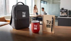 Banner Merch Corporativo, Mug 350 ml, Cuaderno Ecológico Tamaño A5, Mochila Portanotebook 15” y Bolígrafo Metálico.