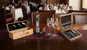Banner Set de Vino Caja de Bambú con Accesorios, Descorchador eléctrico, Copas de Vino con Sacacorchos y Set de Vino con Juego de Ajedrez.